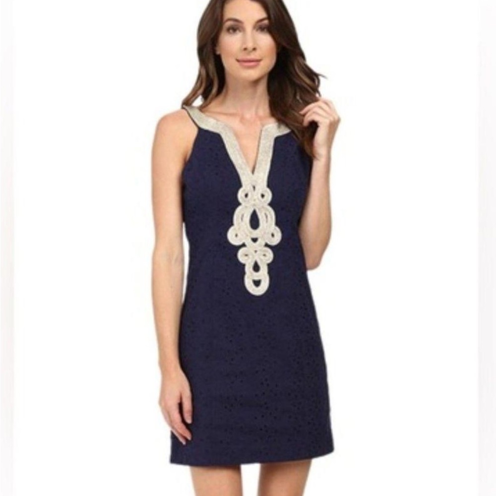 Lilly Pulitzer Blue and Gold Embellished Halter Mini Dress